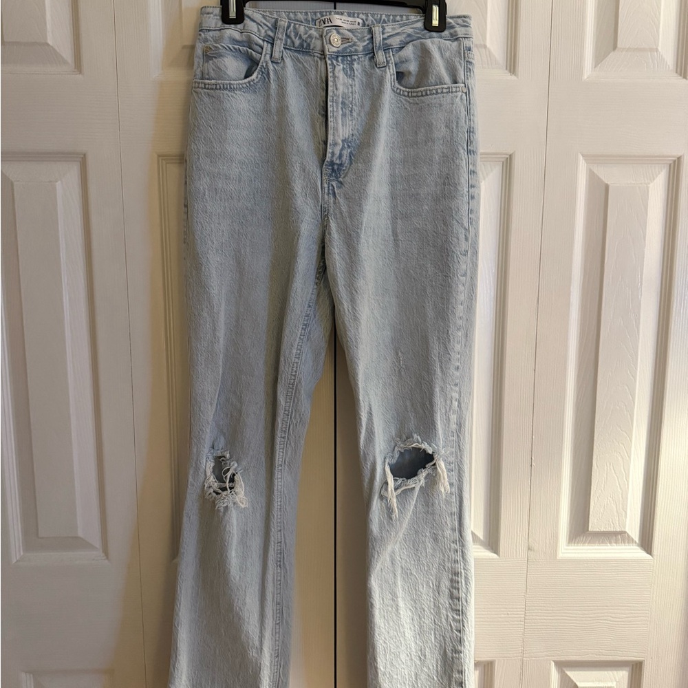 Zara Light Blue Ripped Straight Leg Jeans